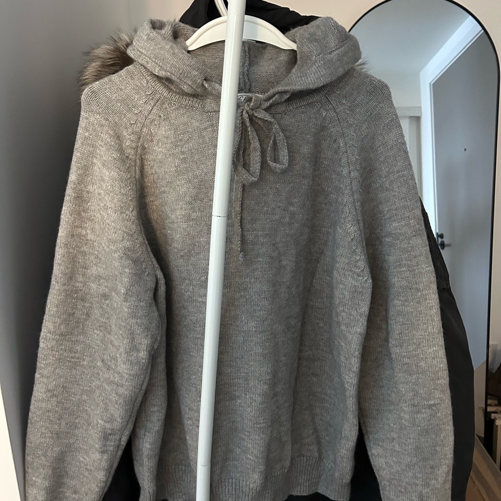 Grey Knit Hoodie Sweater with Tie Detail